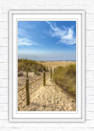 Beach path to the sea. Printed, Framed picture with choice of frame colours and options.