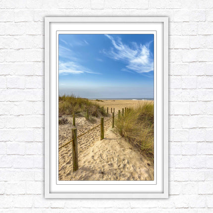 Beach path to the sea. Printed, Framed picture with choice of frame colours and options.