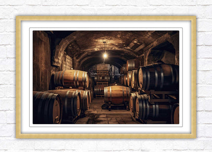 Whiskey barrels in storage. Print in picture frame. Available to order in a choice of frame colours