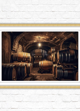 Whiskey barrels in storage. Print in picture frame. Available to order in a choice of frame colours