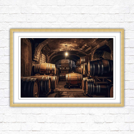 Whiskey barrels in storage. Print in picture frame. Available to order in a choice of frame colours