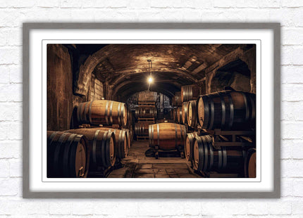 Whiskey barrels in storage. Print in picture frame. Available to order in a choice of frame colours