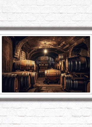 Whiskey barrels in storage. Print in picture frame. Available to order in a choice of frame colours