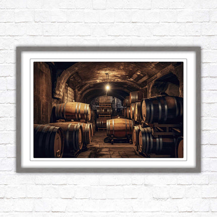 Whiskey barrels in storage. Print in picture frame. Available to order in a choice of frame colours