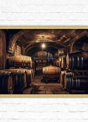Whiskey barrels in storage. Print in picture frame. Available to order in a choice of frame colours