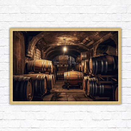 Whiskey barrels in storage. Print in picture frame. Available to order in a choice of frame colours