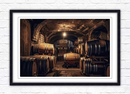 Whiskey barrels in storage. Print in picture frame. Available to order in a choice of frame colours