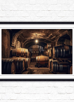 Whiskey barrels in storage. Print in picture frame. Available to order in a choice of frame colours