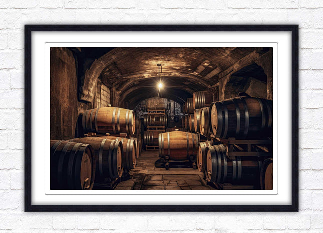 Whiskey barrels in storage. Print in picture frame. Available to order in a choice of frame colours