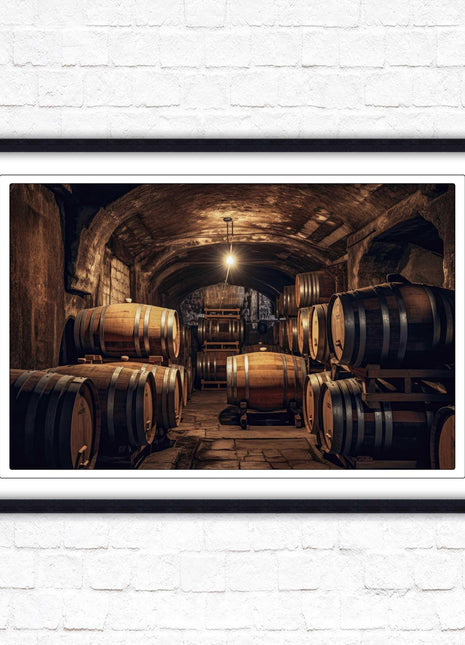 Whiskey barrels in storage. Print in picture frame. Available to order in a choice of frame colours