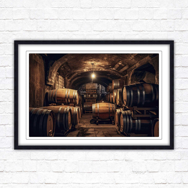 Whiskey barrels in storage. Print in picture frame. Available to order in a choice of frame colours