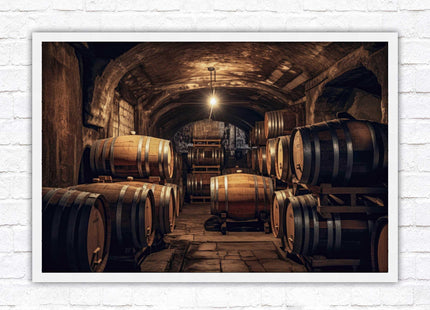 Whiskey barrels in storage. Print in picture frame. Available to order in a choice of frame colours