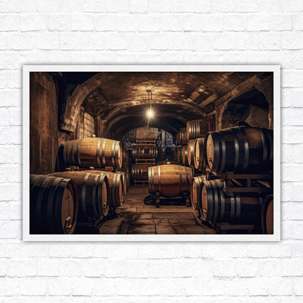 Whiskey barrels in storage. Print in picture frame. Available to order in a choice of frame colours