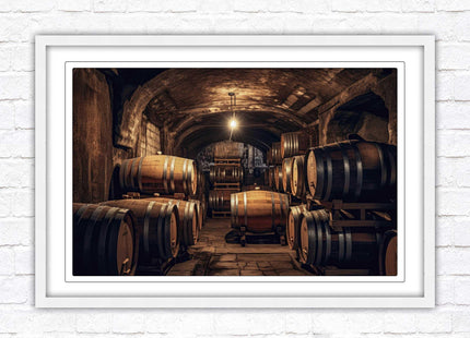 Whiskey barrels in storage. Print in picture frame. Available to order in a choice of frame colours