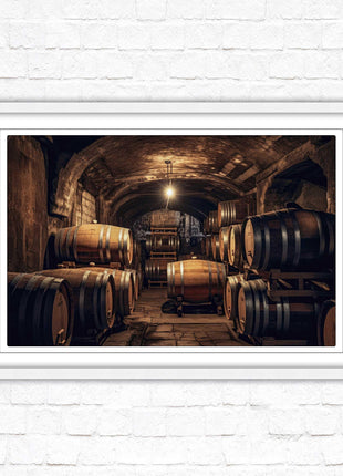 Whiskey barrels in storage. Print in picture frame. Available to order in a choice of frame colours