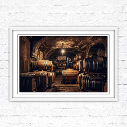 Whiskey barrels in storage. Print in picture frame. Available to order in a choice of frame colours