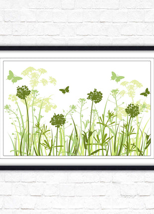 Butterflies and wild flowers. Framed picture with choice of frame colours. Green tone wall art. Image 2.