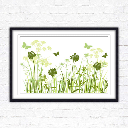Butterflies and wild flowers. Framed picture with choice of frame colours. Green tone wall art. Image 2.