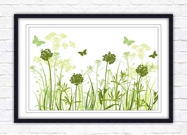 Butterflies and wild flowers. Framed picture with choice of frame colours. Green tone wall art. Image 2.