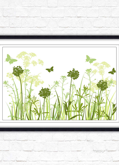 Butterflies and wild flowers. Framed picture with choice of frame colours. Green tone wall art. Image 2.