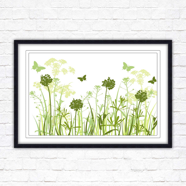 Butterflies and wild flowers. Framed picture with choice of frame colours. Green tone wall art. Image 2.