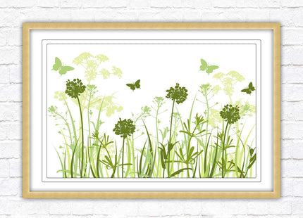 Butterflies and wild flowers. Framed picture with choice of frame colours. Green tone wall art. Image 2.