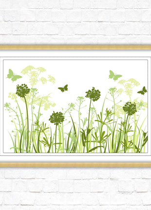Butterflies and wild flowers. Framed picture with choice of frame colours. Green tone wall art. Image 2.