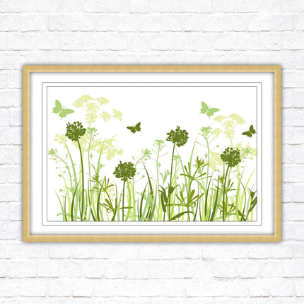 Butterflies and wild flowers. Framed picture with choice of frame colours. Green tone wall art. Image 2.