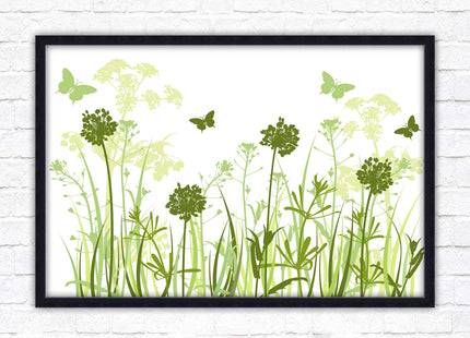 Butterflies and wild flowers. Framed picture with choice of frame colours. Green tone wall art. Image 2.