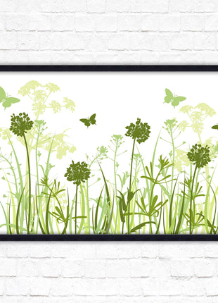 Butterflies and wild flowers. Framed picture with choice of frame colours. Green tone wall art. Image 2.