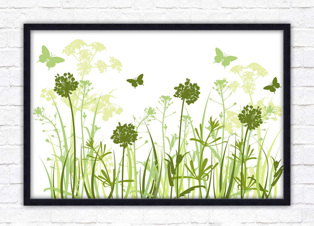 Butterflies and wild flowers. Framed picture with choice of frame colours. Green tone wall art. Image 2.