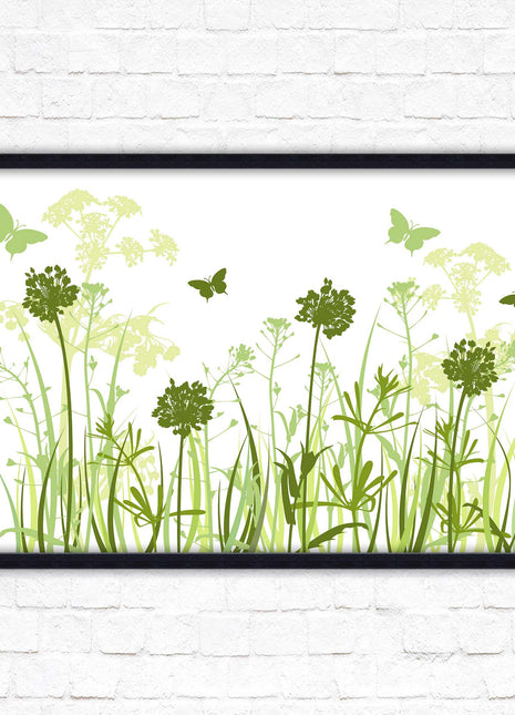 Butterflies and wild flowers. Framed picture with choice of frame colours. Green tone wall art. Image 2.