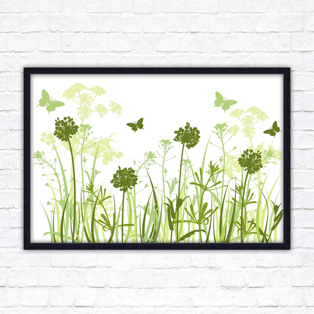 Butterflies and wild flowers. Framed picture with choice of frame colours. Green tone wall art. Image 2.