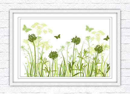 Butterflies and wild flowers. Framed picture with choice of frame colours. Green tone wall art. Image 2.