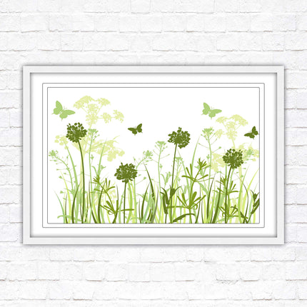 Butterflies and wild flowers. Framed picture with choice of frame colours. Green tone wall art. Image 2.