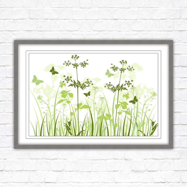 Butterflies and wild flowers. Framed picture with choice of frame colours. Green toned wall decor. Image 3.
