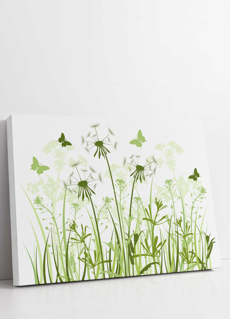 Wild flowers and butterflies, green grasses. Canvas Print, Wall art for home or office (Interior Decor) green. Ideal gift. Image 1.