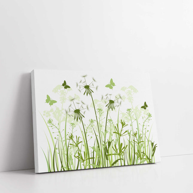Wild flowers and butterflies, green grasses. Canvas Print, Wall art for home or office (Interior Decor) green. Ideal gift. Image 1.
