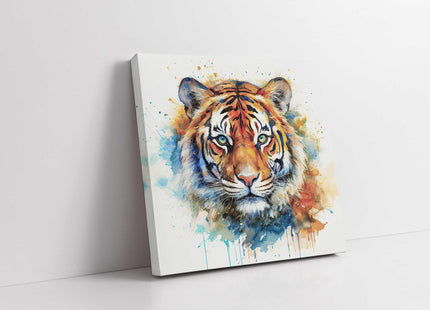 Tiger wall art canvas picture print with paint splash and white background framed and ready to hang