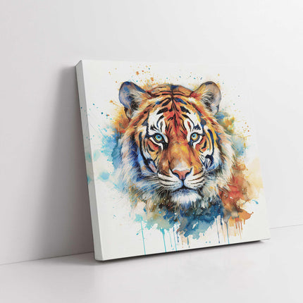 Tiger wall art canvas picture print with paint splash and white background framed and ready to hang