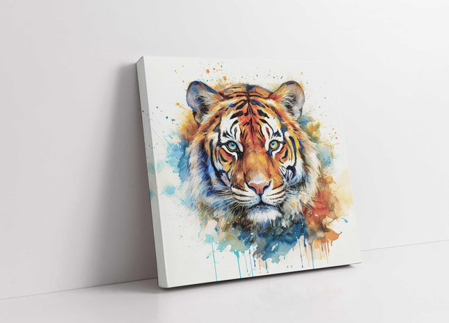 Tiger wall art canvas picture print with paint splash and white background framed and ready to hang