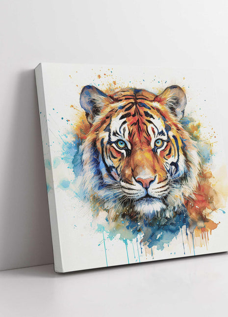 Tiger wall art canvas picture print with paint splash and white background framed and ready to hang