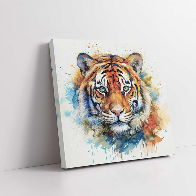 Tiger wall art canvas picture print with paint splash and white background framed and ready to hang