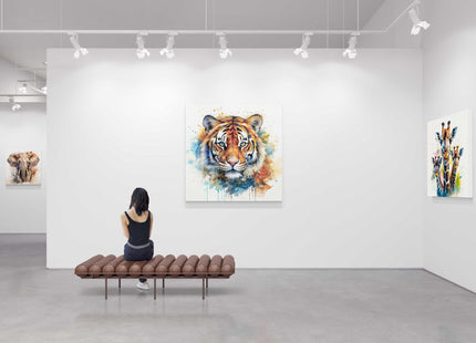 Tiger wall art canvas picture print with paint splash and white background framed and ready to hang