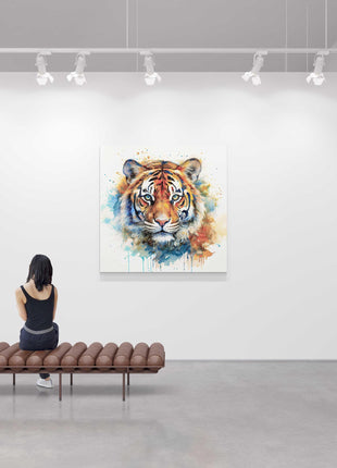 Tiger wall art canvas picture print with paint splash and white background framed and ready to hang