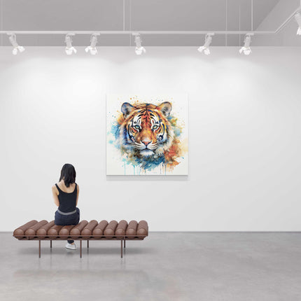 Tiger wall art canvas picture print with paint splash and white background framed and ready to hang