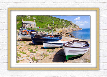 Framed picture of Boats moored at Penberth beach, Cornwall. print. Beach seascape. Choice of frame styles available.