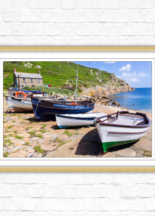Framed picture of Boats moored at Penberth beach, Cornwall. print. Beach seascape. Choice of frame styles available.