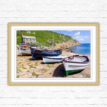 Framed picture of Boats moored at Penberth beach, Cornwall. print. Beach seascape. Choice of frame styles available.