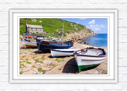 Framed picture of Boats moored at Penberth beach, Cornwall. print. Beach seascape. Choice of frame styles available.